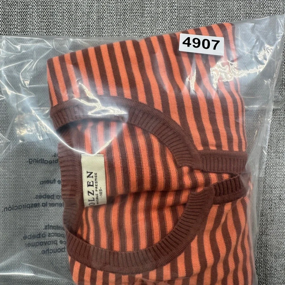Olzen Knit Sweater Mens 105 Large Orange Brown‎ Striped Short Sleeve